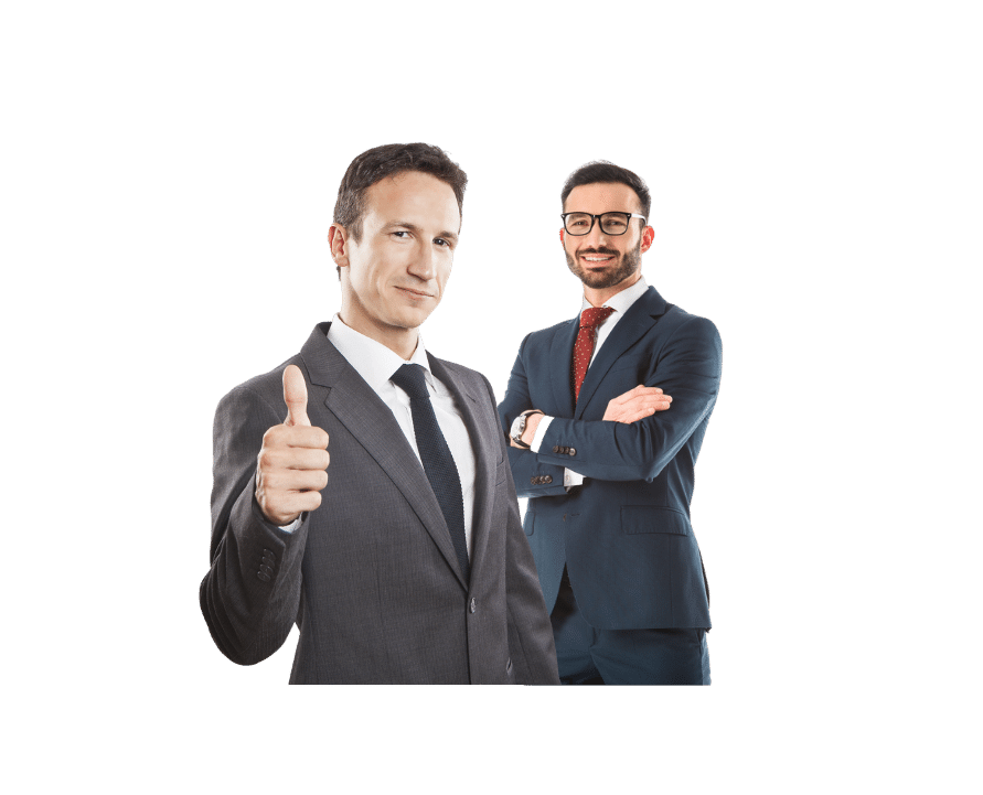 Two men in suits; one gives a thumbs-up, the other smiles with arms crossed.