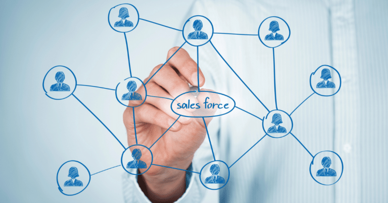 Hand drawing a network of connected team icons around “sales force.”