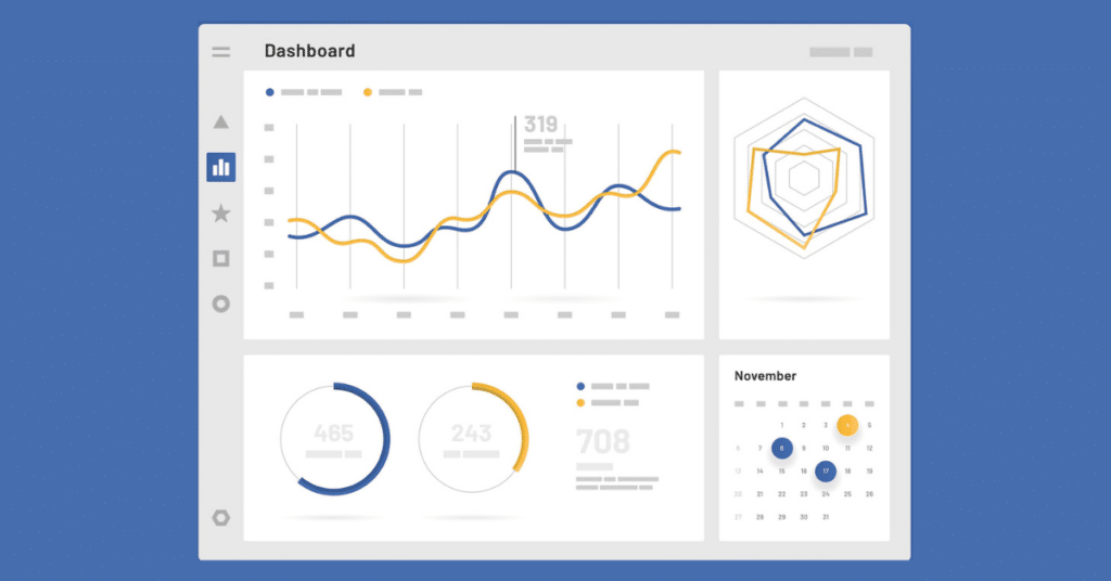 Analytics dashboard UI with line, radar, and donut charts plus a November calendar.