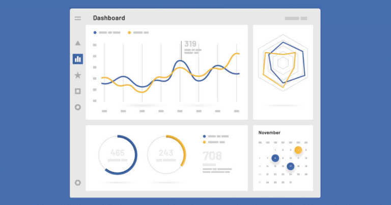 Analytics dashboard UI with line, radar, and donut charts plus a November calendar.
