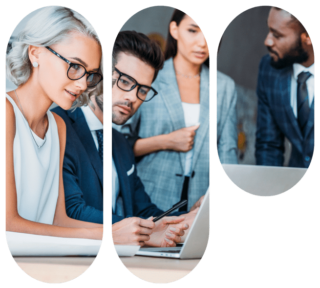 Colleagues in business attire reviewing work on a laptop, shown in three rounded panels.