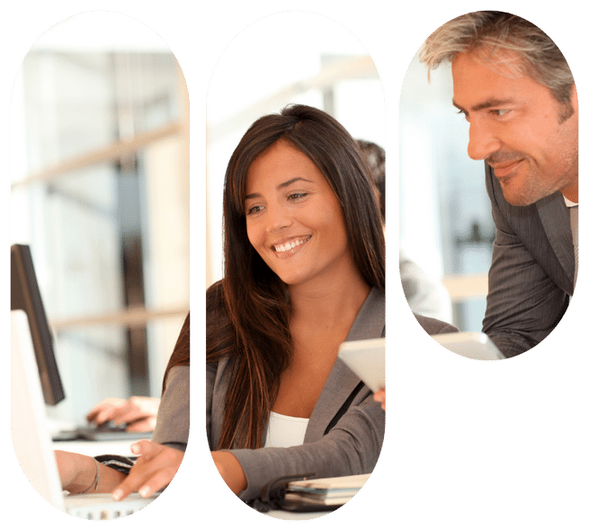 Smiling colleagues collaborate at a computer in a modern office, split into three panels.