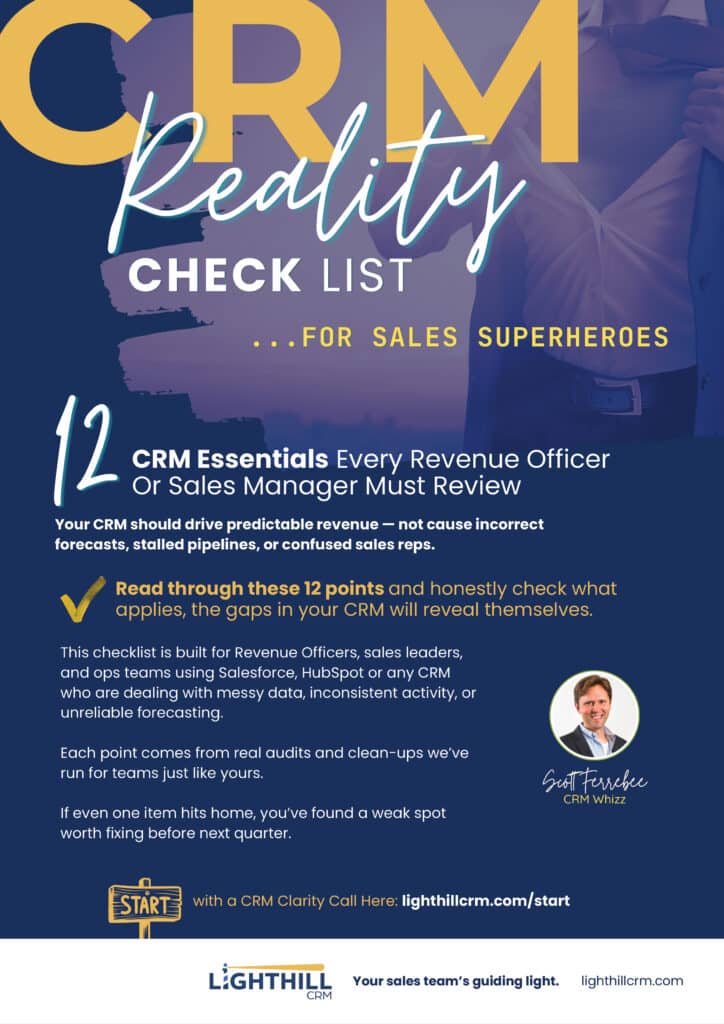 PDF titled “CRM Reality Checklist” offering 12 CRM essentials for sales leaders, with Lighthill CRM call-to-action link.