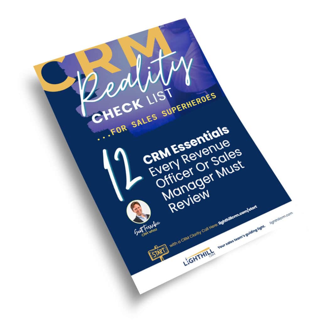 Cover of “CRM Reality Checklist”: 12 CRM essentials for sales leaders, Lighthill CRM branding.