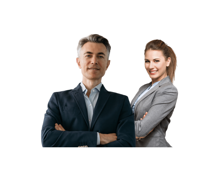 Two confident professionals in suits, arms crossed, facing camera on transparent background.