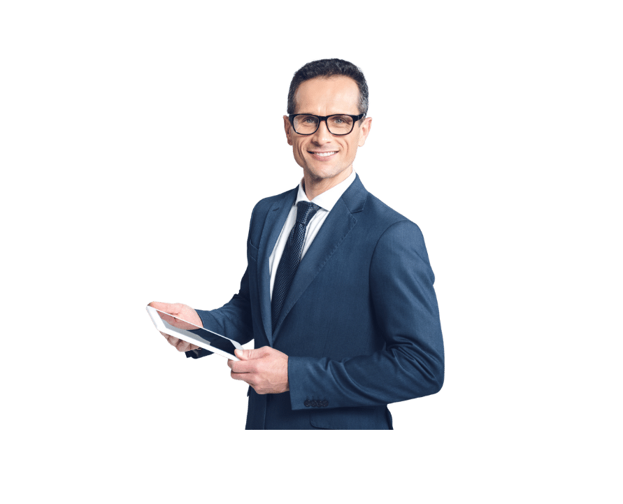 Smiling man in a navy suit and glasses holding a tablet