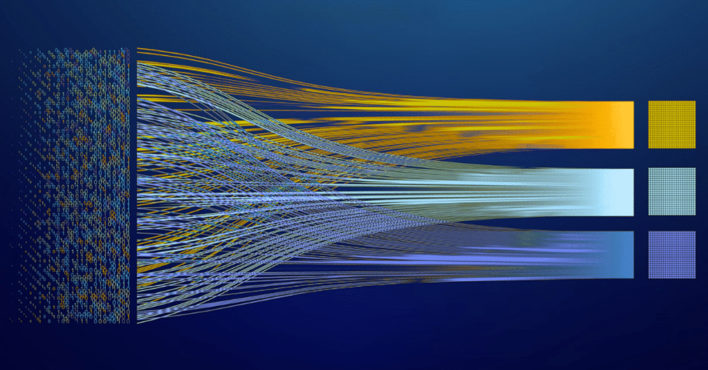 Abstract data flow diagram: scattered inputs converge into yellow, cyan, and purple output streams.