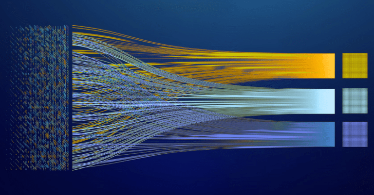Abstract data flow diagram: scattered inputs converge into yellow, cyan, and purple output streams.