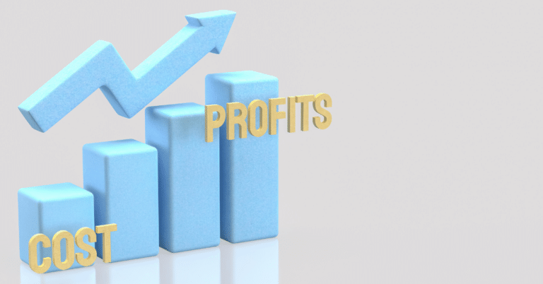 3D bar chart showing rising business profits above costs with upward arrow, illustrating revenue growth, increased margins, financial success, and company profitability.